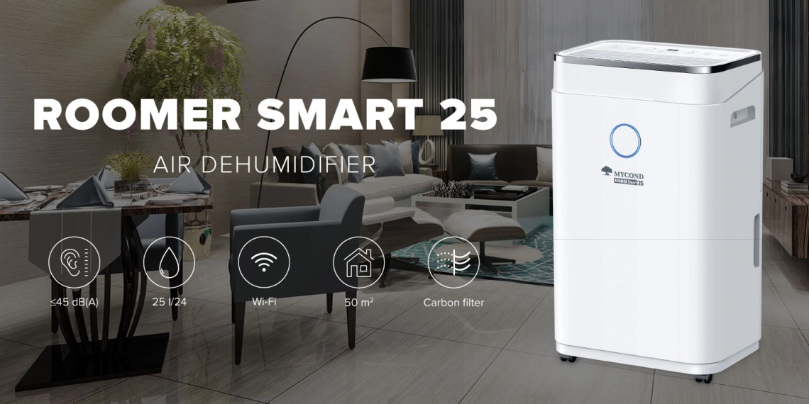 Compact air dehumidifier MyCond Roomer Smart 25 for large rooms.