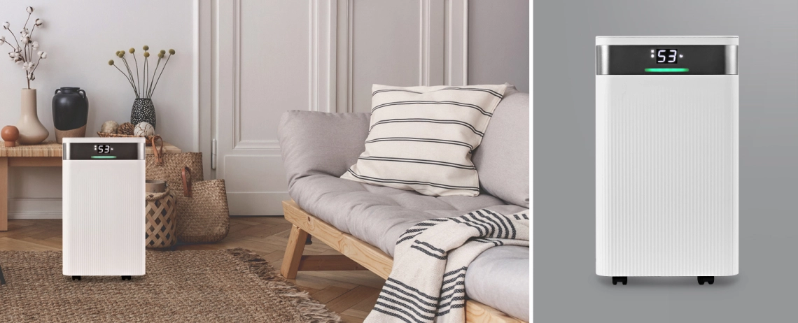 Compact dehumidifier MyCond TIBO Eco 12 with Wi-Fi control for residential use.