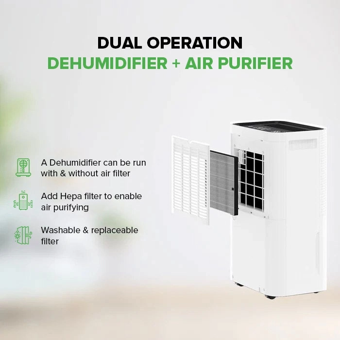 Compact MyCond Roomer Hepa 25 dehumidifier in a modern living space.