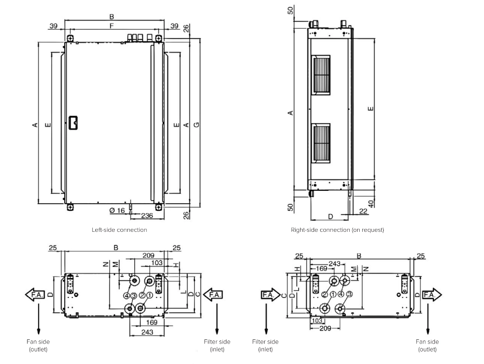 Diagram showing dimensions of MyCond DFCL series duct fan coil units.
