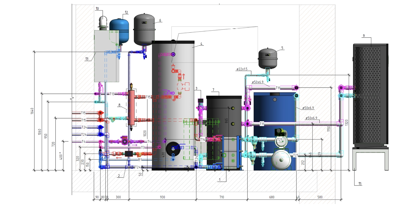 A heat pump and gas boiler are installed together in a boiler room.