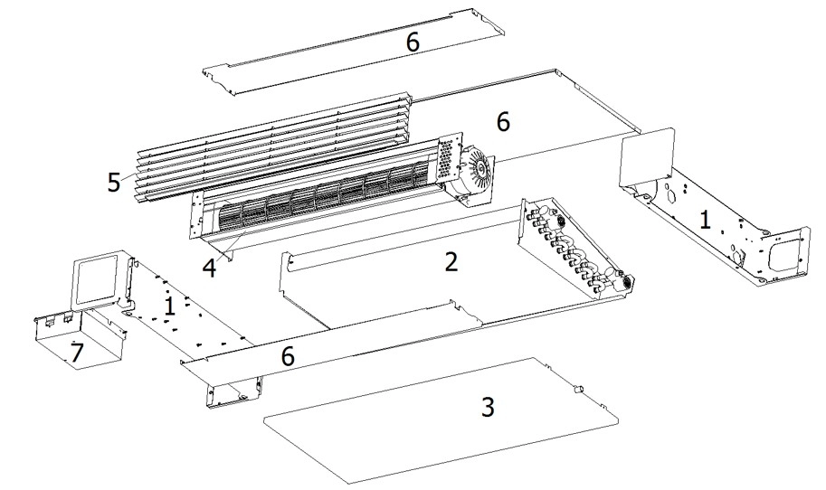 Internal components of the MyCond Silver Glass series floor-standing fan coil.