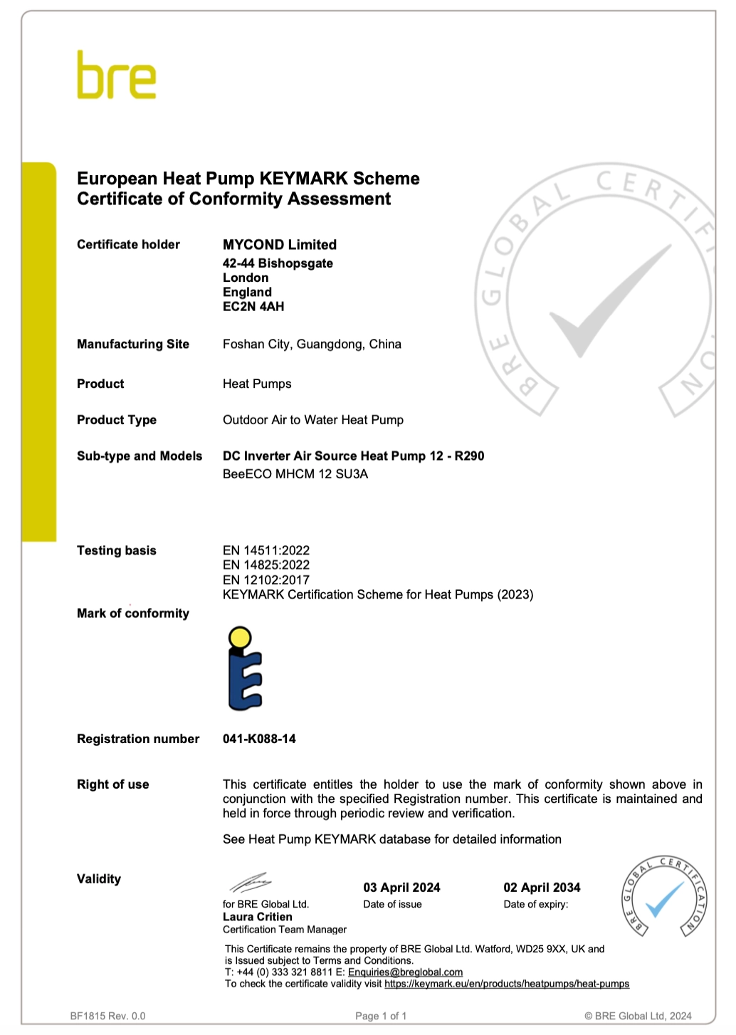 Mycond BeeEco certificate of conformity KEYMARK