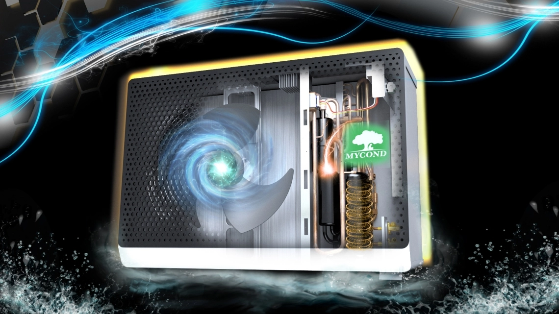 MyCond BeeSmart Modern split heat pump showcased in a stylish home setting.