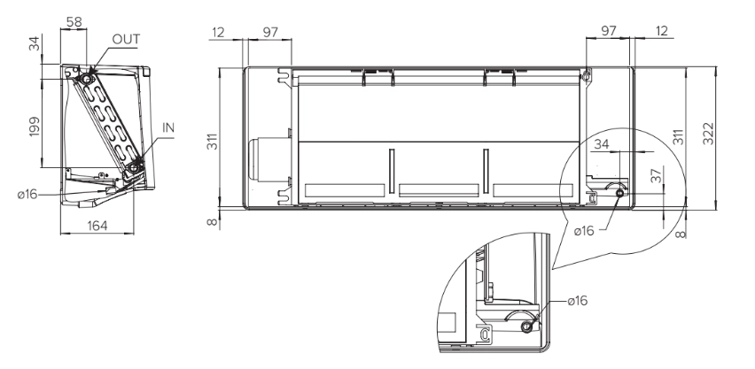 MyCond Dimensions of wall-mounted fan coil units from the FHW series.
