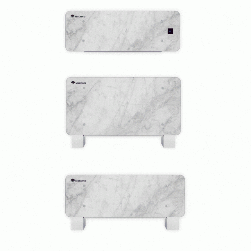 MyCond Silver Glass Low Designer floor-standing fan coil unit with a modern silver glass finish.